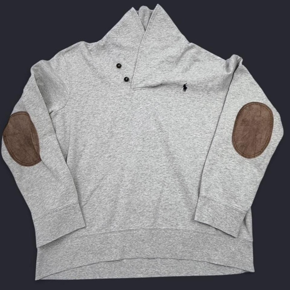Polo Ralph Lauren Shawl Collar Sweatshirt‎ Large Gray Elbow Patch Pullover 0183